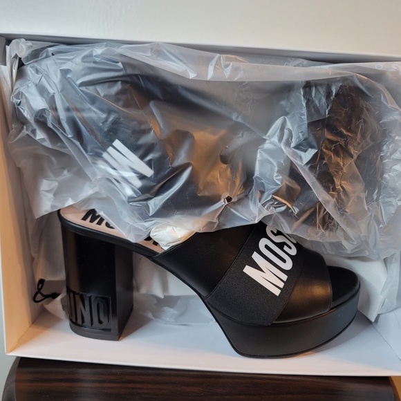 Mochino Open Toe Platform Mule Pumps Black leather Size 40 (US Size 10) - Picture 2 of 6